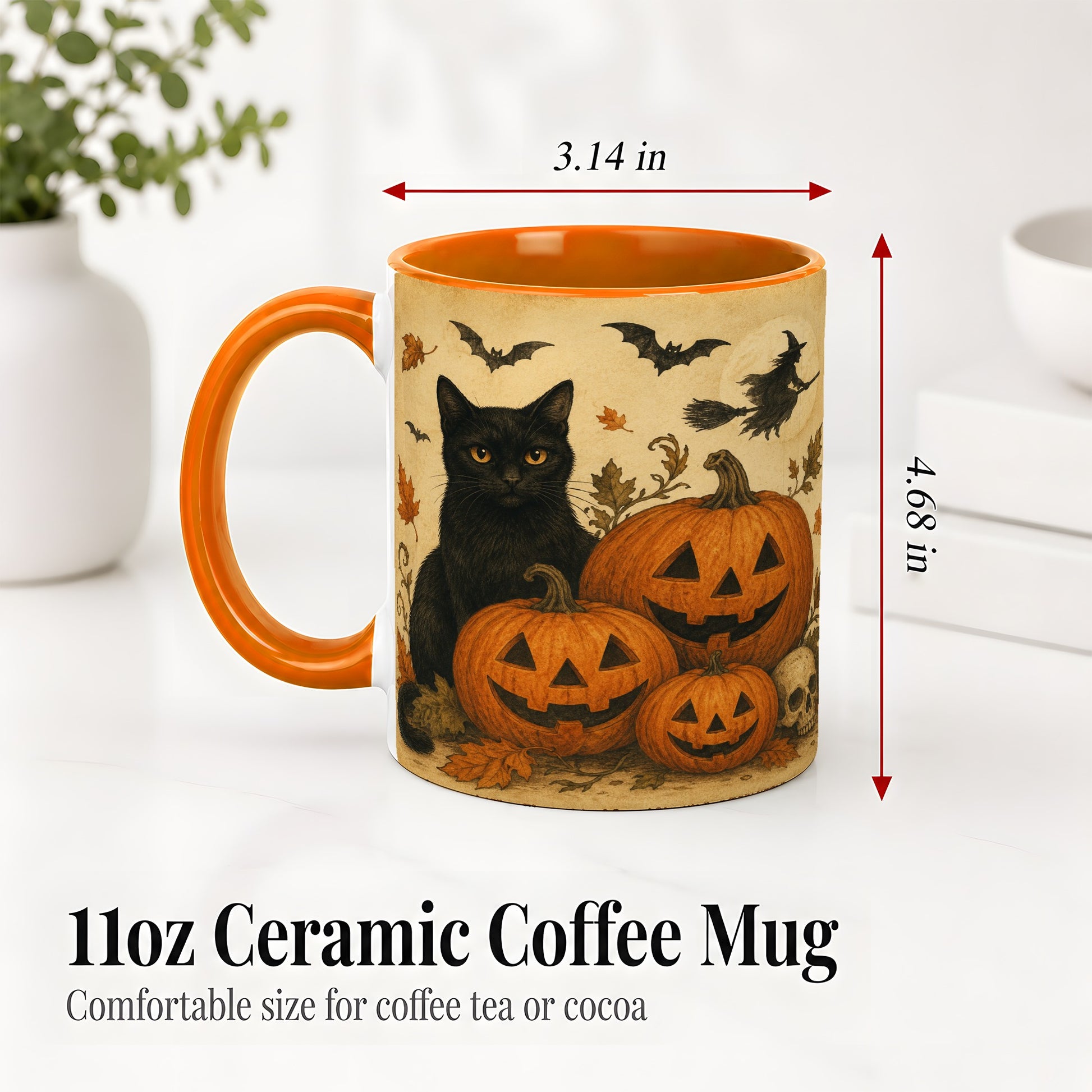 #pl[11oz|Orange] Black Cat Pumpkin Ceramic Mug, Vintage Halloween Art for Cat Lovers