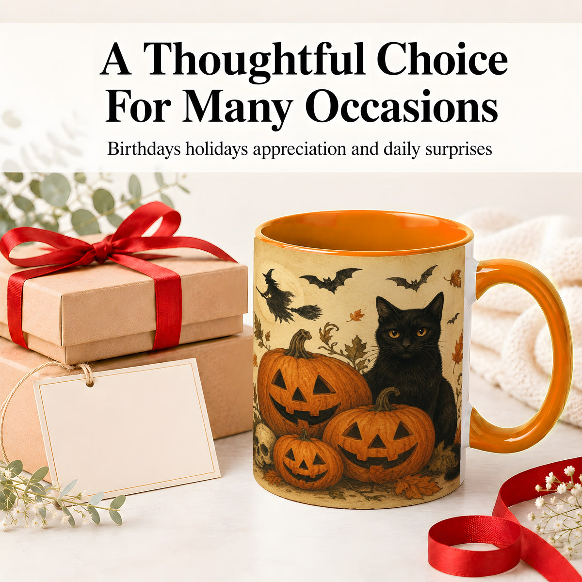 #pl[11oz|Orange] Black Cat Pumpkin Ceramic Mug, Vintage Halloween Art for Cat Lovers