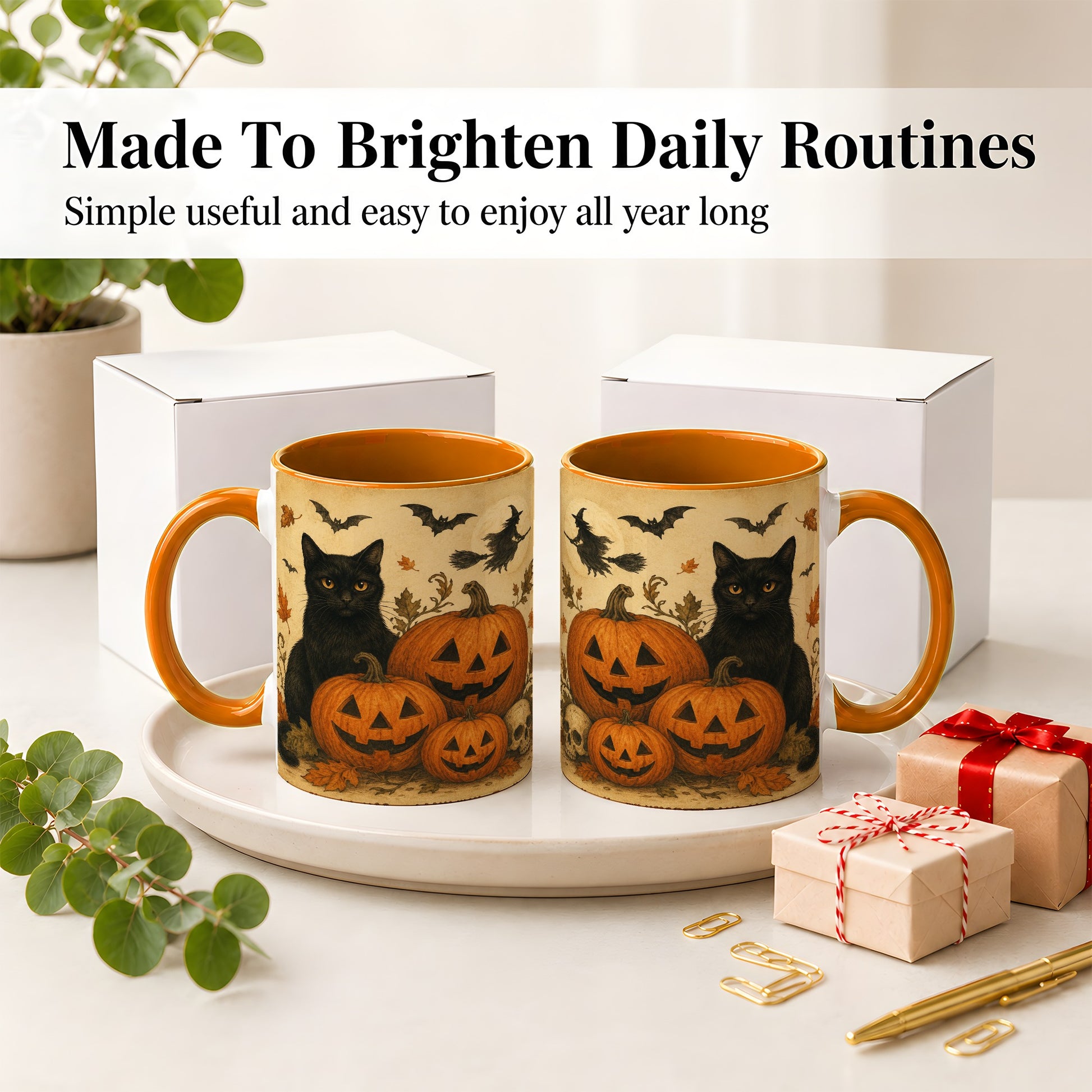 #pl[11oz|Orange] Black Cat Pumpkin Ceramic Mug, Vintage Halloween Art for Cat Lovers