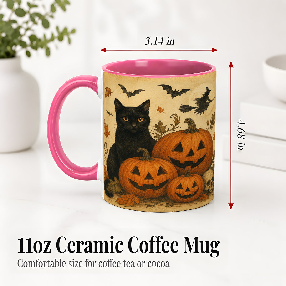 #pl[11oz|Pink] Black Cat Pumpkin Ceramic Mug, Vintage Halloween Art for Cat Lovers