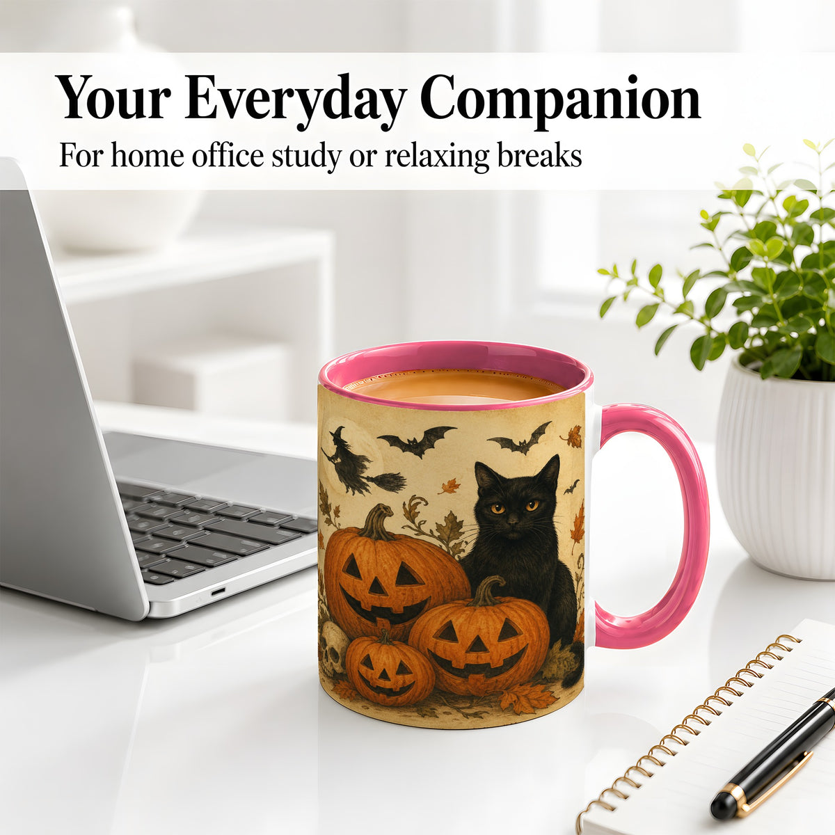 #pl[11oz|Pink] Black Cat Pumpkin Ceramic Mug, Vintage Halloween Art for Cat Lovers