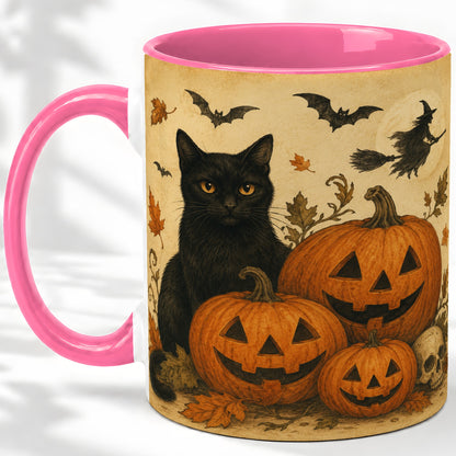 #pl[11oz|Pink] Black Cat Pumpkin Ceramic Mug, Vintage Halloween Art for Cat Lovers