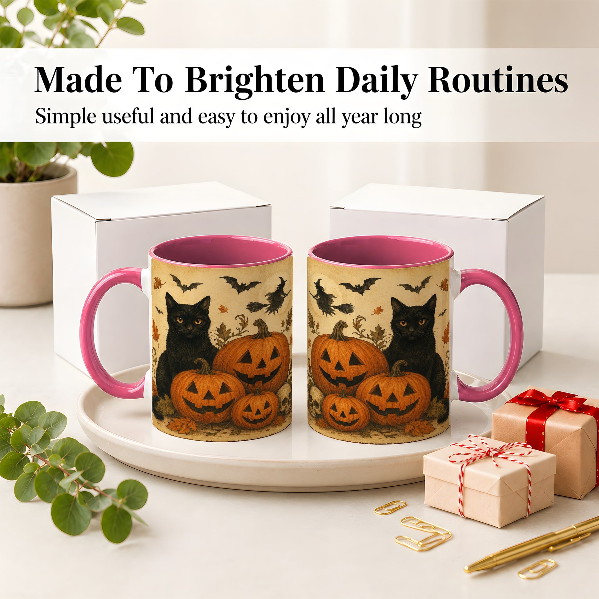 #pl[11oz|Pink] Black Cat Pumpkin Ceramic Mug, Vintage Halloween Art for Cat Lovers