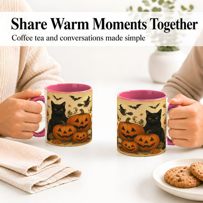#pl[11oz|Pink] Black Cat Pumpkin Ceramic Mug, Vintage Halloween Art for Cat Lovers