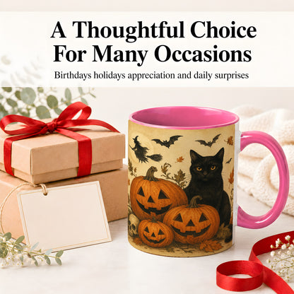 #pl[11oz|Pink] Black Cat Pumpkin Ceramic Mug, Vintage Halloween Art for Cat Lovers
