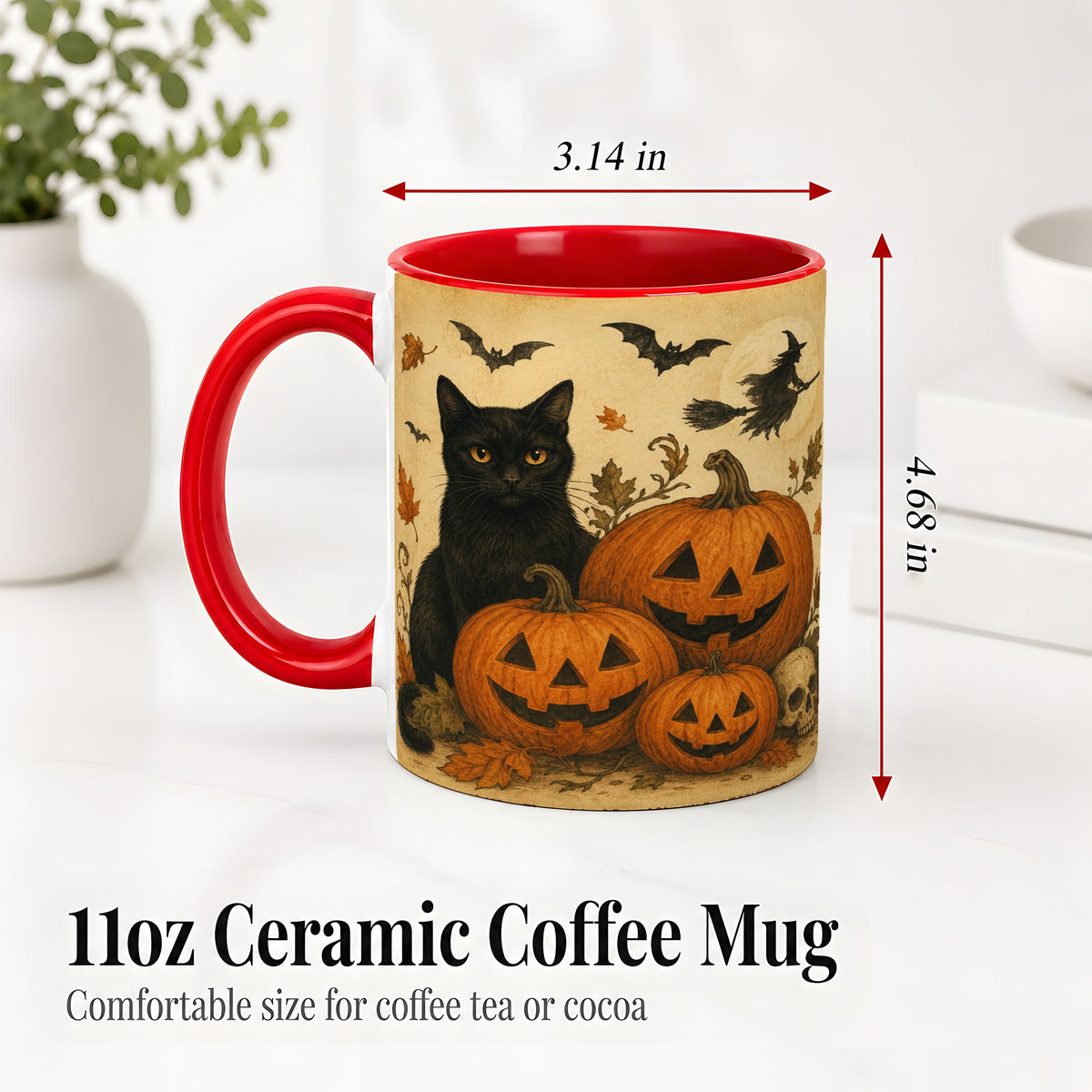 #pl[11oz|Red] Black Cat Pumpkin Ceramic Mug, Vintage Halloween Art for Cat Lovers