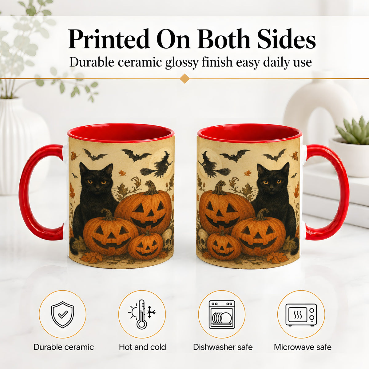 #pl[11oz|Red] Black Cat Pumpkin Ceramic Mug, Vintage Halloween Art for Cat Lovers