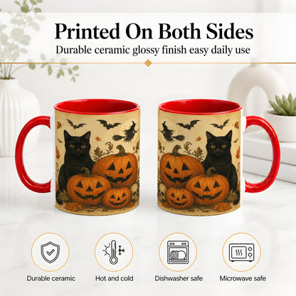 #pl[11oz|Red] Black Cat Pumpkin Ceramic Mug, Vintage Halloween Art for Cat Lovers