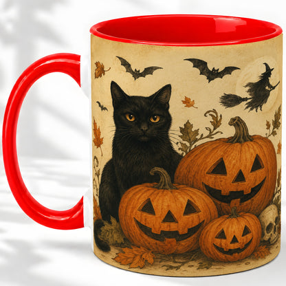 Black Cat Pumpkin Ceramic Mug, Vintage Halloween Art for Cat Lovers