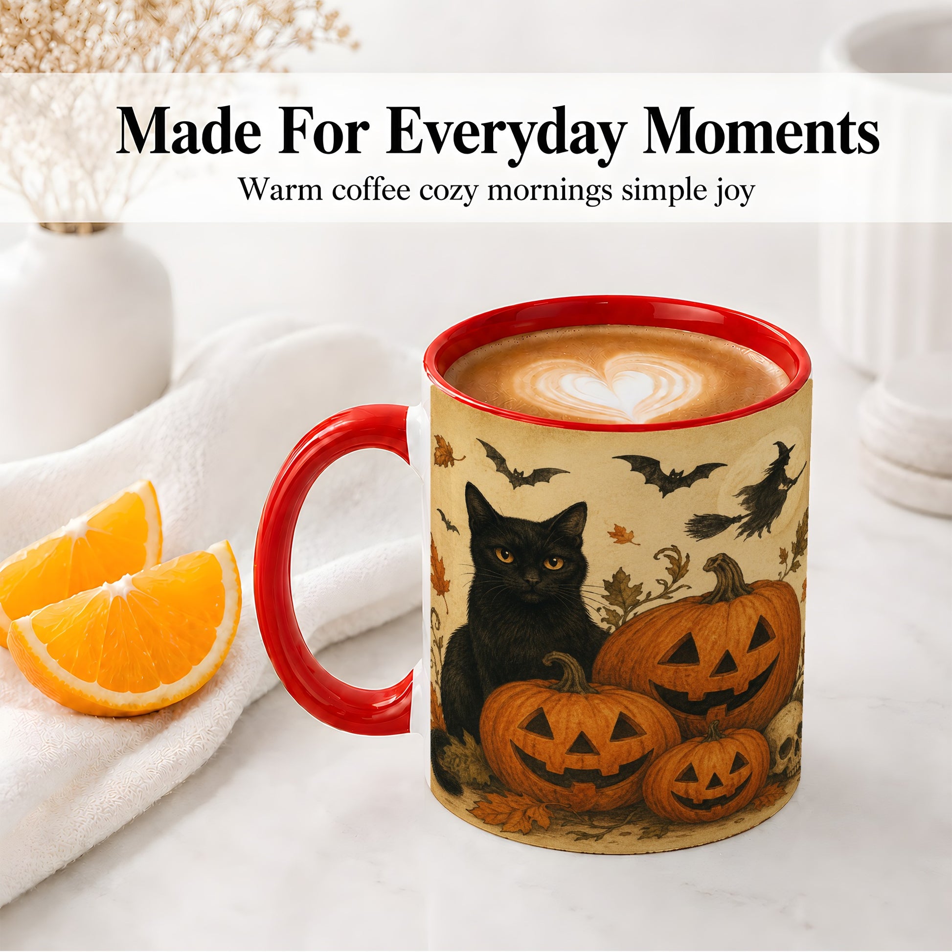 #pl[11oz|Red] Black Cat Pumpkin Ceramic Mug, Vintage Halloween Art for Cat Lovers
