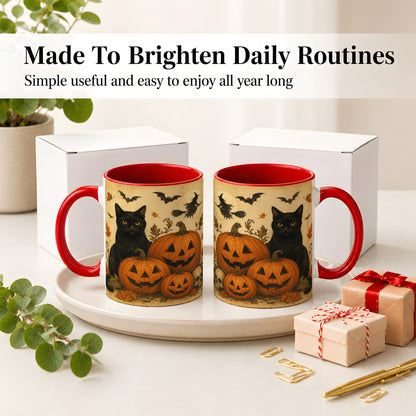 #pl[11oz|Red] Black Cat Pumpkin Ceramic Mug, Vintage Halloween Art for Cat Lovers