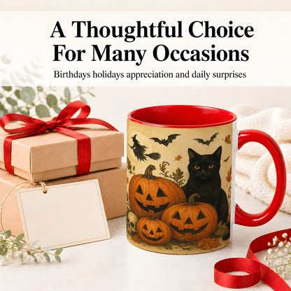 #pl[11oz|Red] Black Cat Pumpkin Ceramic Mug, Vintage Halloween Art for Cat Lovers