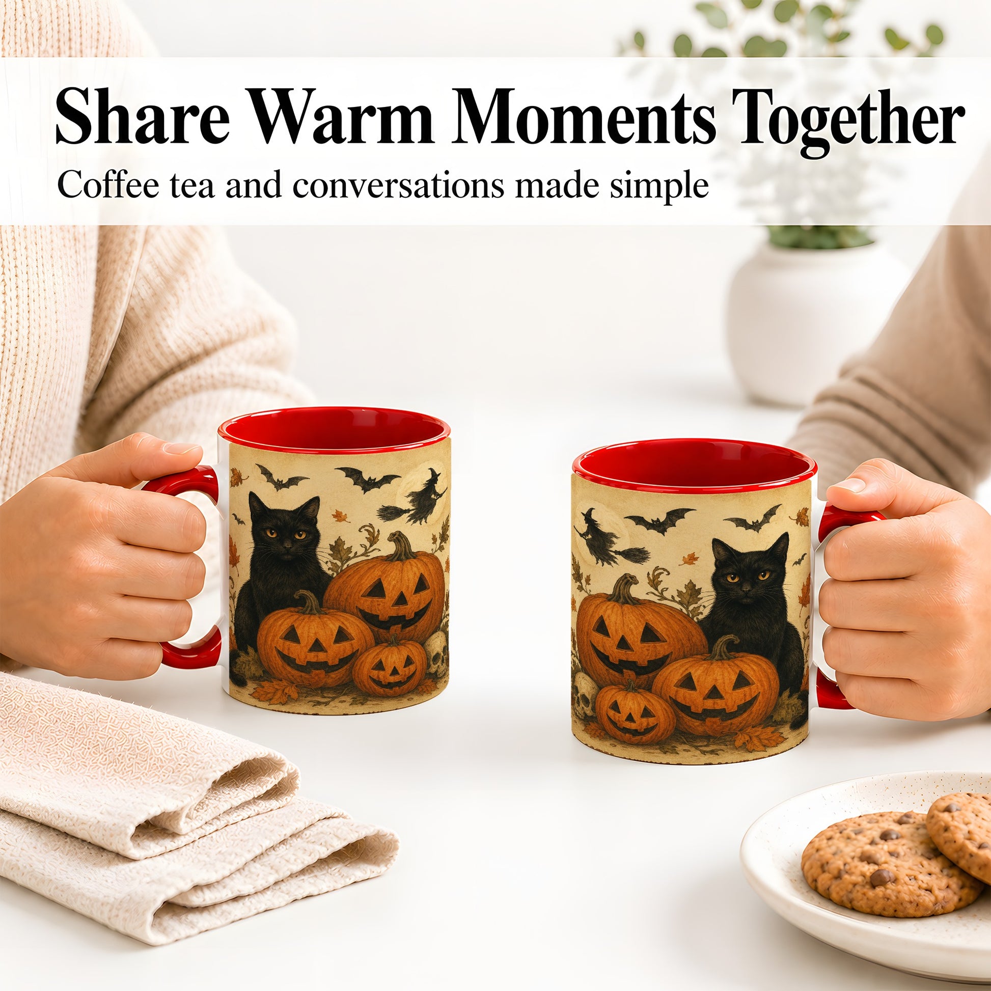 #pl[11oz|Red] Black Cat Pumpkin Ceramic Mug, Vintage Halloween Art for Cat Lovers