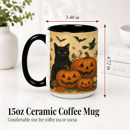 #pl[15oz|Black] Black Cat Pumpkin Ceramic Mug, Vintage Halloween Art for Cat Lovers