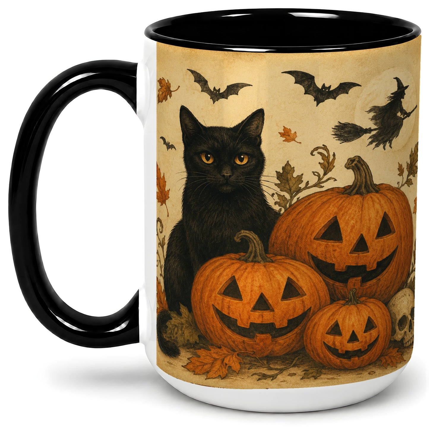 #pl[15oz|Black] Black Cat Pumpkin Ceramic Mug, Vintage Halloween Art for Cat Lovers