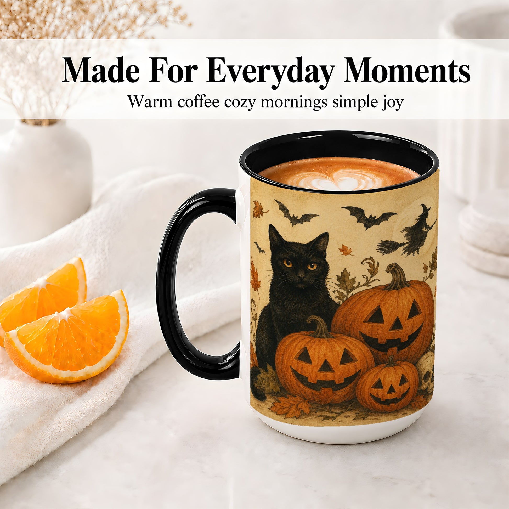 #pl[15oz|Black] Black Cat Pumpkin Ceramic Mug, Vintage Halloween Art for Cat Lovers