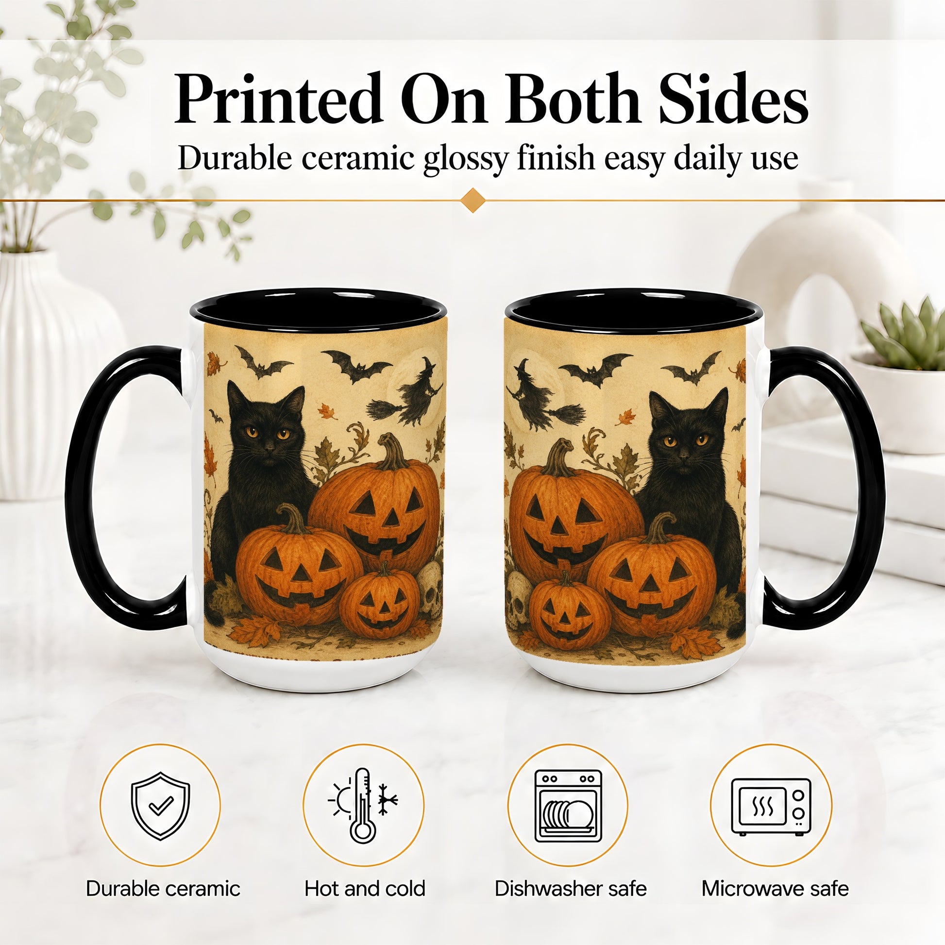#pl[15oz|Black] Black Cat Pumpkin Ceramic Mug, Vintage Halloween Art for Cat Lovers
