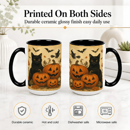 #pl[15oz|Black] Black Cat Pumpkin Ceramic Mug, Vintage Halloween Art for Cat Lovers