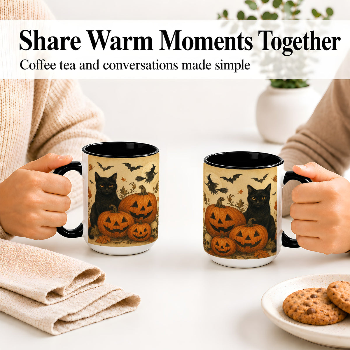 #pl[15oz|Black] Black Cat Pumpkin Ceramic Mug, Vintage Halloween Art for Cat Lovers