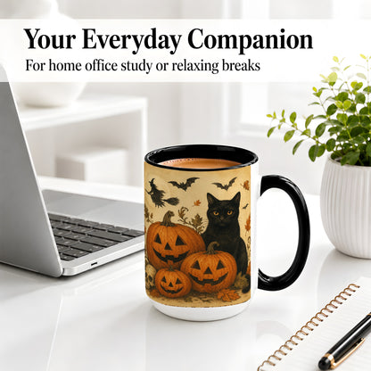 #pl[15oz|Black] Black Cat Pumpkin Ceramic Mug, Vintage Halloween Art for Cat Lovers
