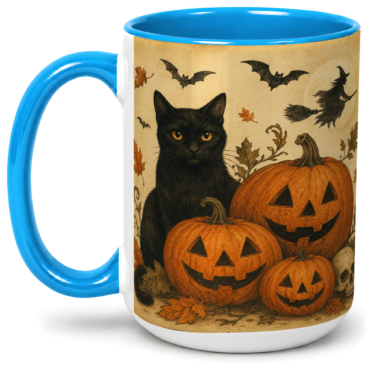 #pl[15oz|Blue] Black Cat Pumpkin Ceramic Mug, Vintage Halloween Art for Cat Lovers