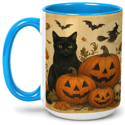 #pl[15oz|Blue] Black Cat Pumpkin Ceramic Mug, Vintage Halloween Art for Cat Lovers