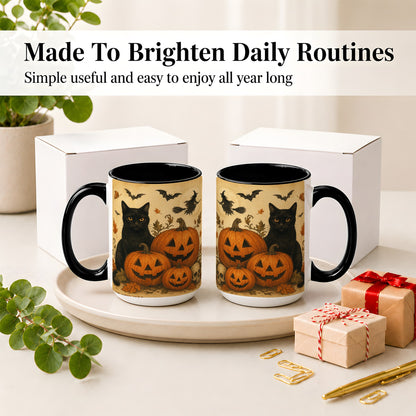 #pl[15oz|Black] Black Cat Pumpkin Ceramic Mug, Vintage Halloween Art for Cat Lovers