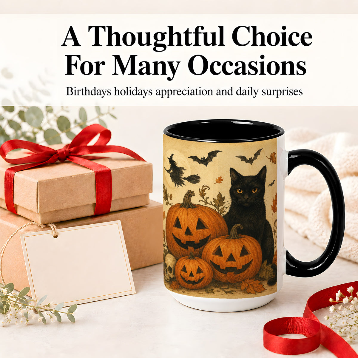 #pl[15oz|Black] Black Cat Pumpkin Ceramic Mug, Vintage Halloween Art for Cat Lovers
