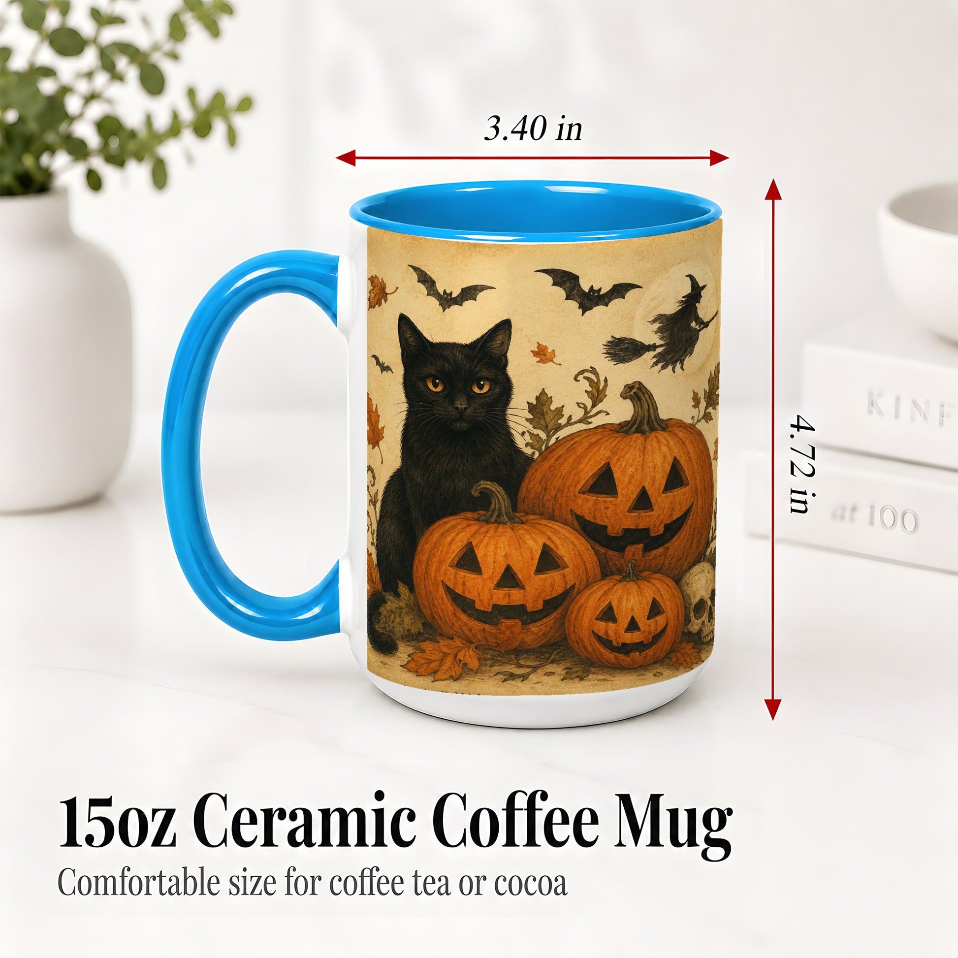 #pl[15oz|Blue] Black Cat Pumpkin Ceramic Mug, Vintage Halloween Art for Cat Lovers