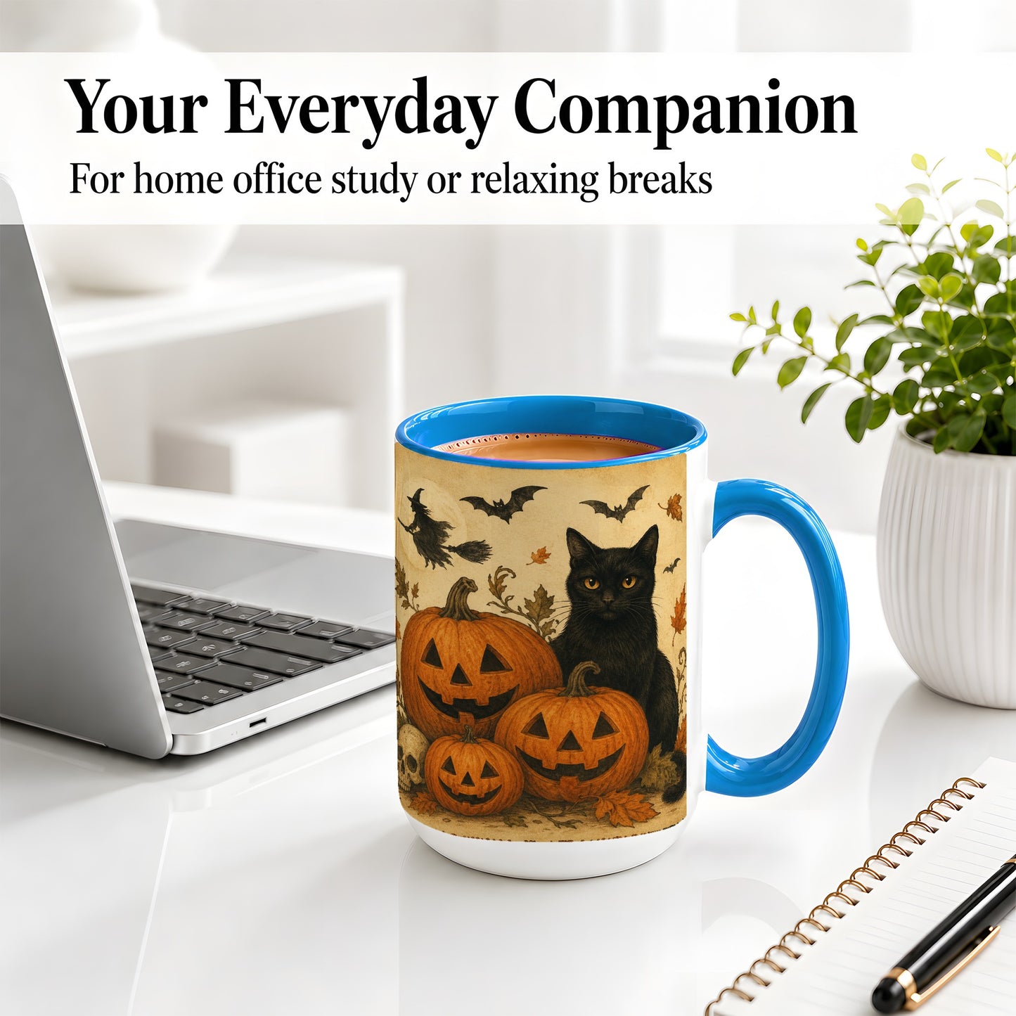 #pl[15oz|Blue] Black Cat Pumpkin Ceramic Mug, Vintage Halloween Art for Cat Lovers