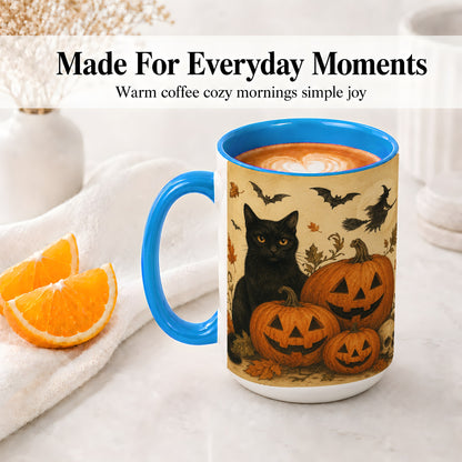 #pl[15oz|Blue] Black Cat Pumpkin Ceramic Mug, Vintage Halloween Art for Cat Lovers