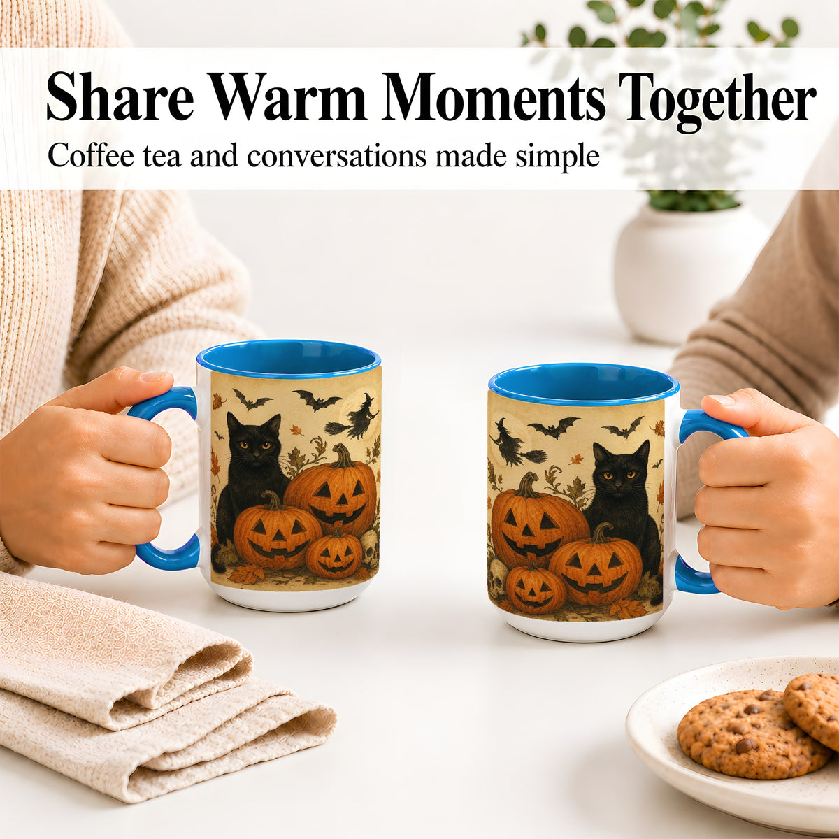 #pl[15oz|Blue] Black Cat Pumpkin Ceramic Mug, Vintage Halloween Art for Cat Lovers