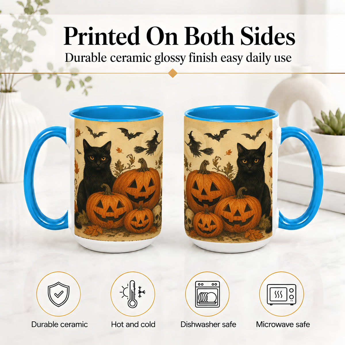 #pl[15oz|Blue] Black Cat Pumpkin Ceramic Mug, Vintage Halloween Art for Cat Lovers