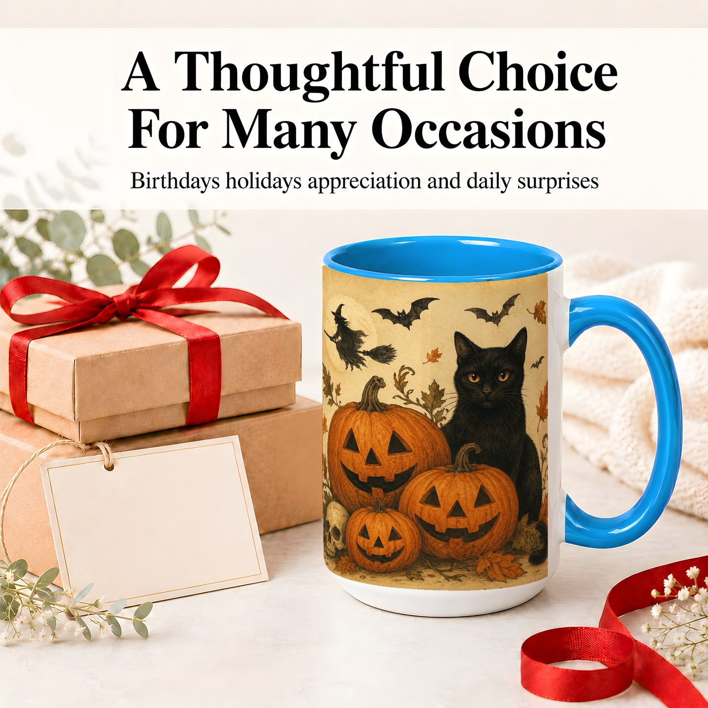 #pl[15oz|Blue] Black Cat Pumpkin Ceramic Mug, Vintage Halloween Art for Cat Lovers