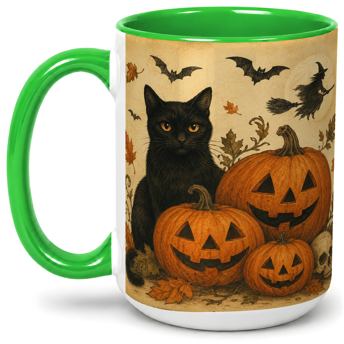 #pl[15oz|Green] Black Cat Pumpkin Ceramic Mug, Vintage Halloween Art for Cat Lovers