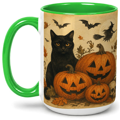 #pl[15oz|Green] Black Cat Pumpkin Ceramic Mug, Vintage Halloween Art for Cat Lovers