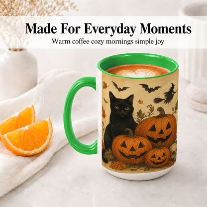 #pl[15oz|Green] Black Cat Pumpkin Ceramic Mug, Vintage Halloween Art for Cat Lovers