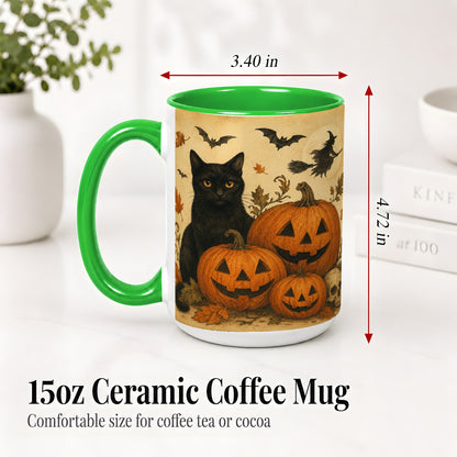 #pl[15oz|Green] Black Cat Pumpkin Ceramic Mug, Vintage Halloween Art for Cat Lovers