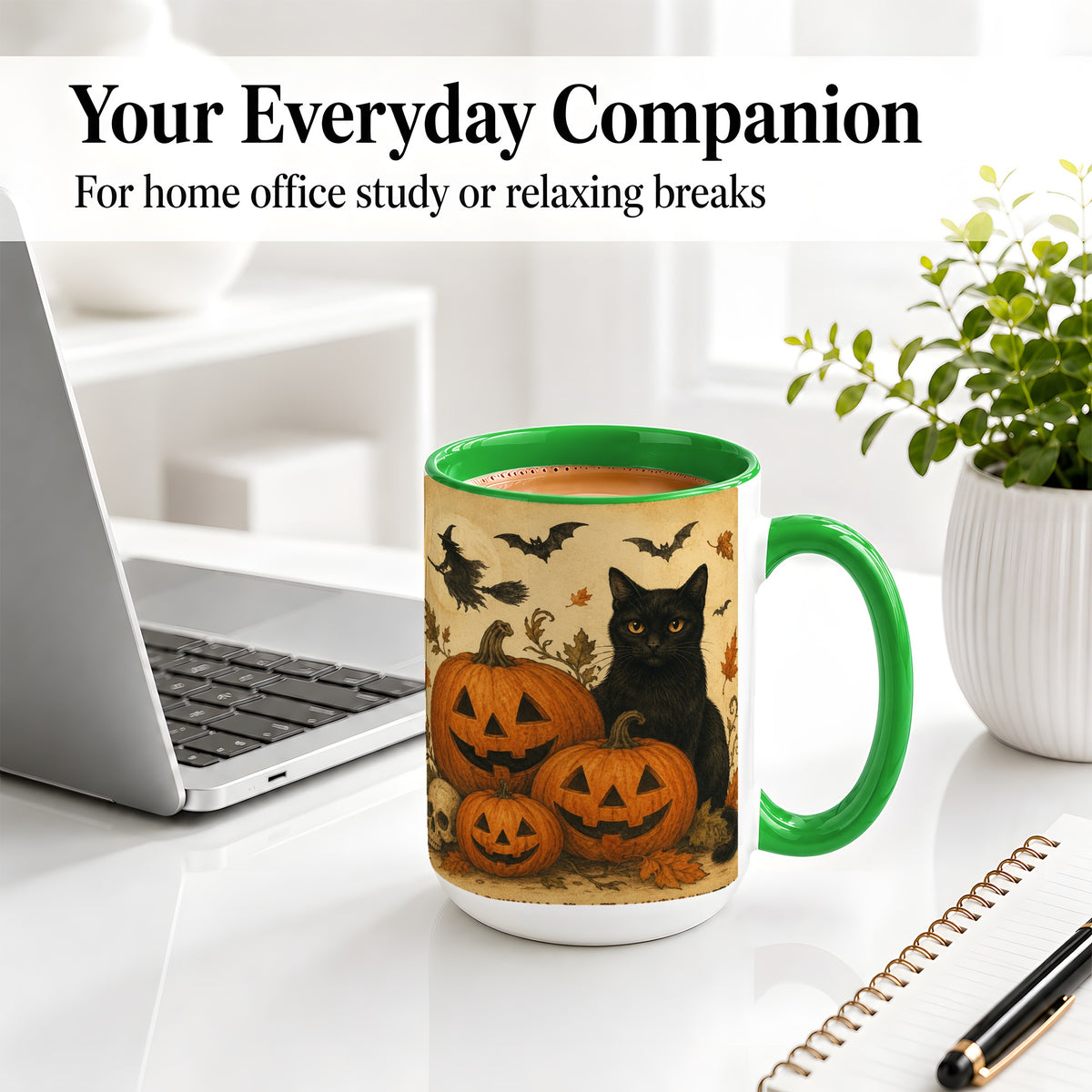 #pl[15oz|Green] Black Cat Pumpkin Ceramic Mug, Vintage Halloween Art for Cat Lovers