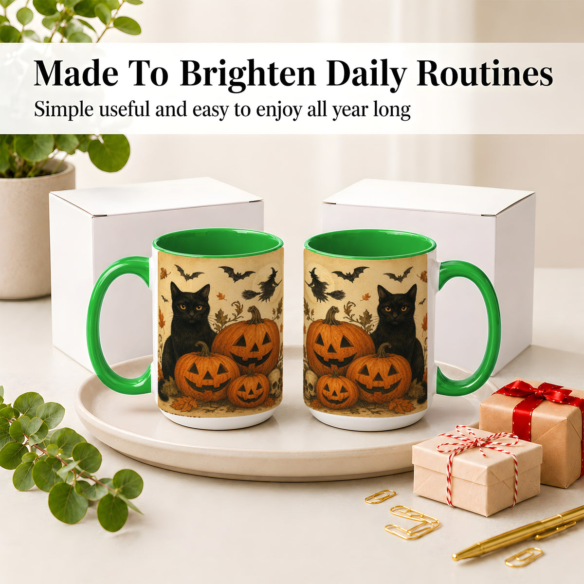 #pl[15oz|Green] Black Cat Pumpkin Ceramic Mug, Vintage Halloween Art for Cat Lovers
