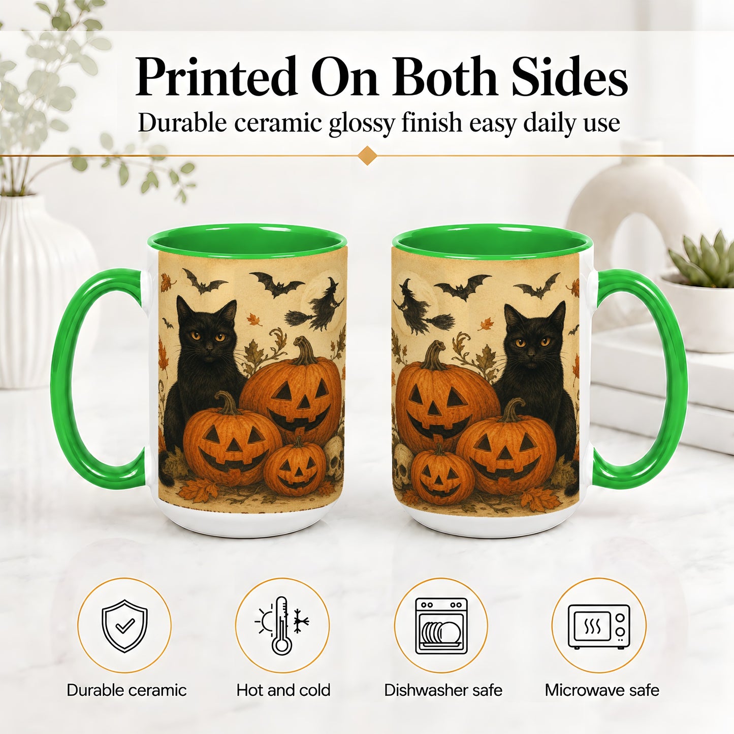 #pl[15oz|Green] Black Cat Pumpkin Ceramic Mug, Vintage Halloween Art for Cat Lovers