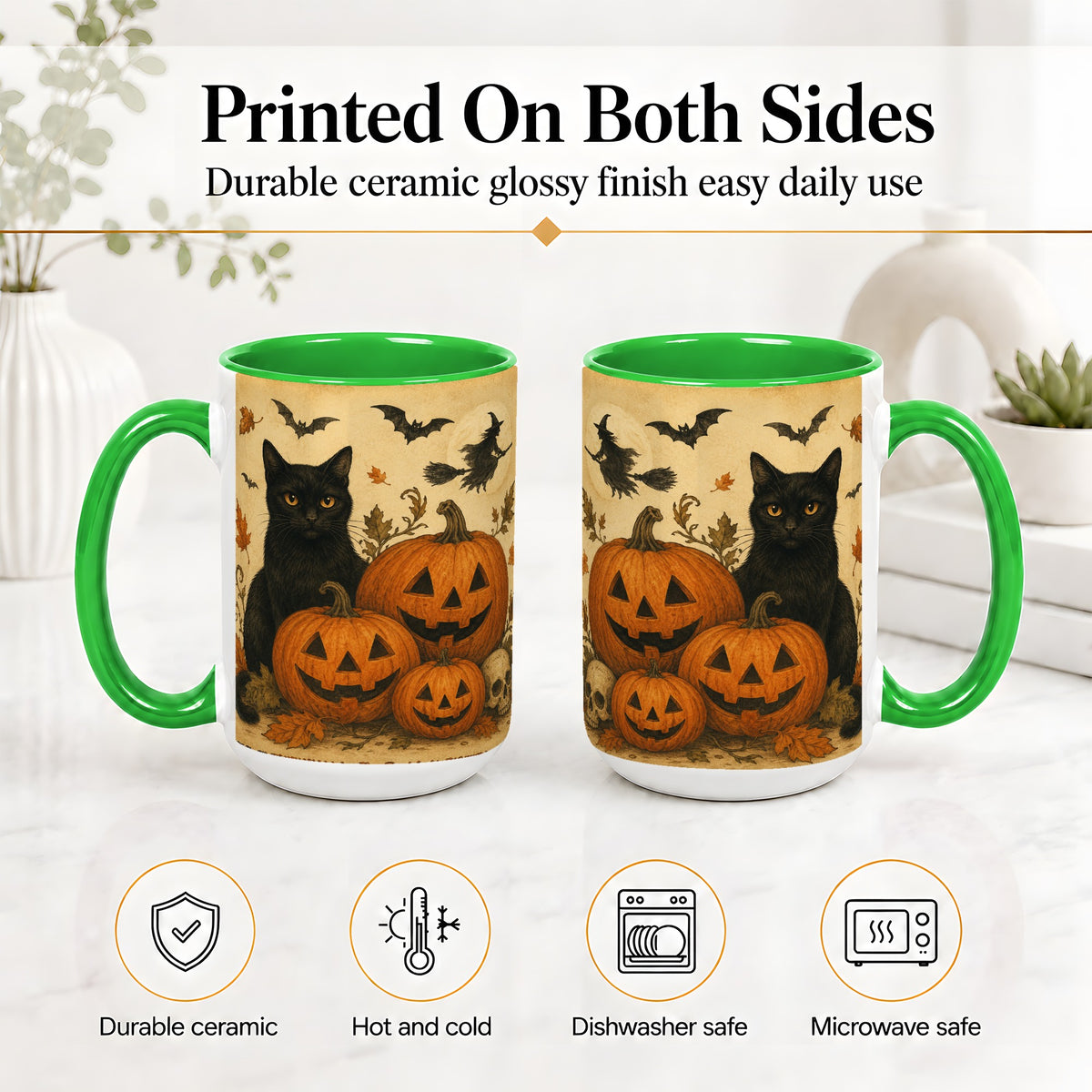 #pl[15oz|Green] Black Cat Pumpkin Ceramic Mug, Vintage Halloween Art for Cat Lovers