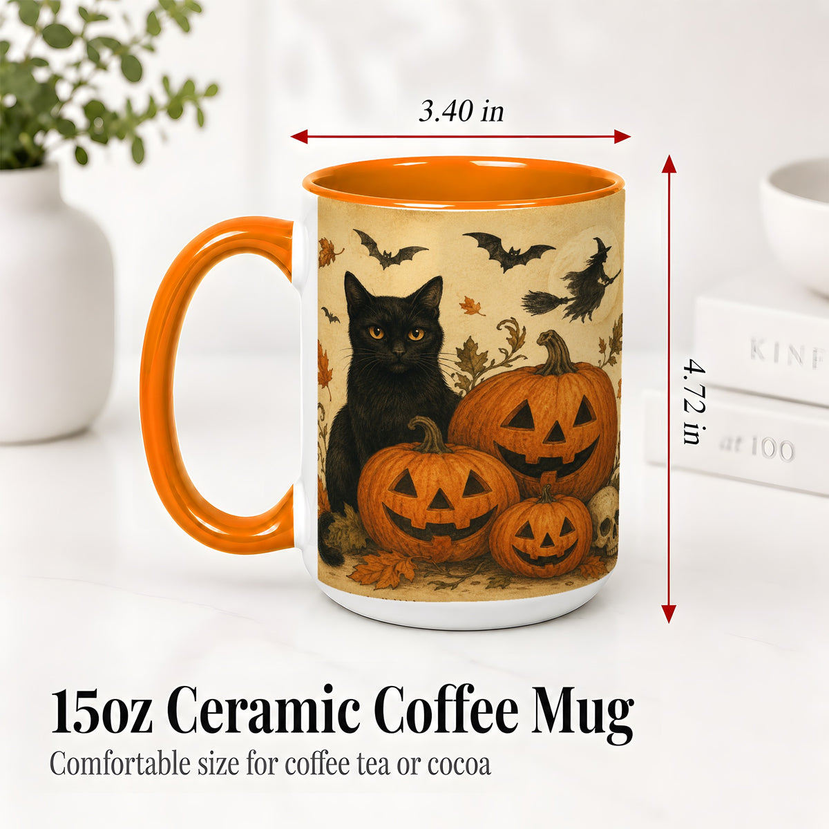 #pl[15oz|Orange] Black Cat Pumpkin Ceramic Mug, Vintage Halloween Art for Cat Lovers