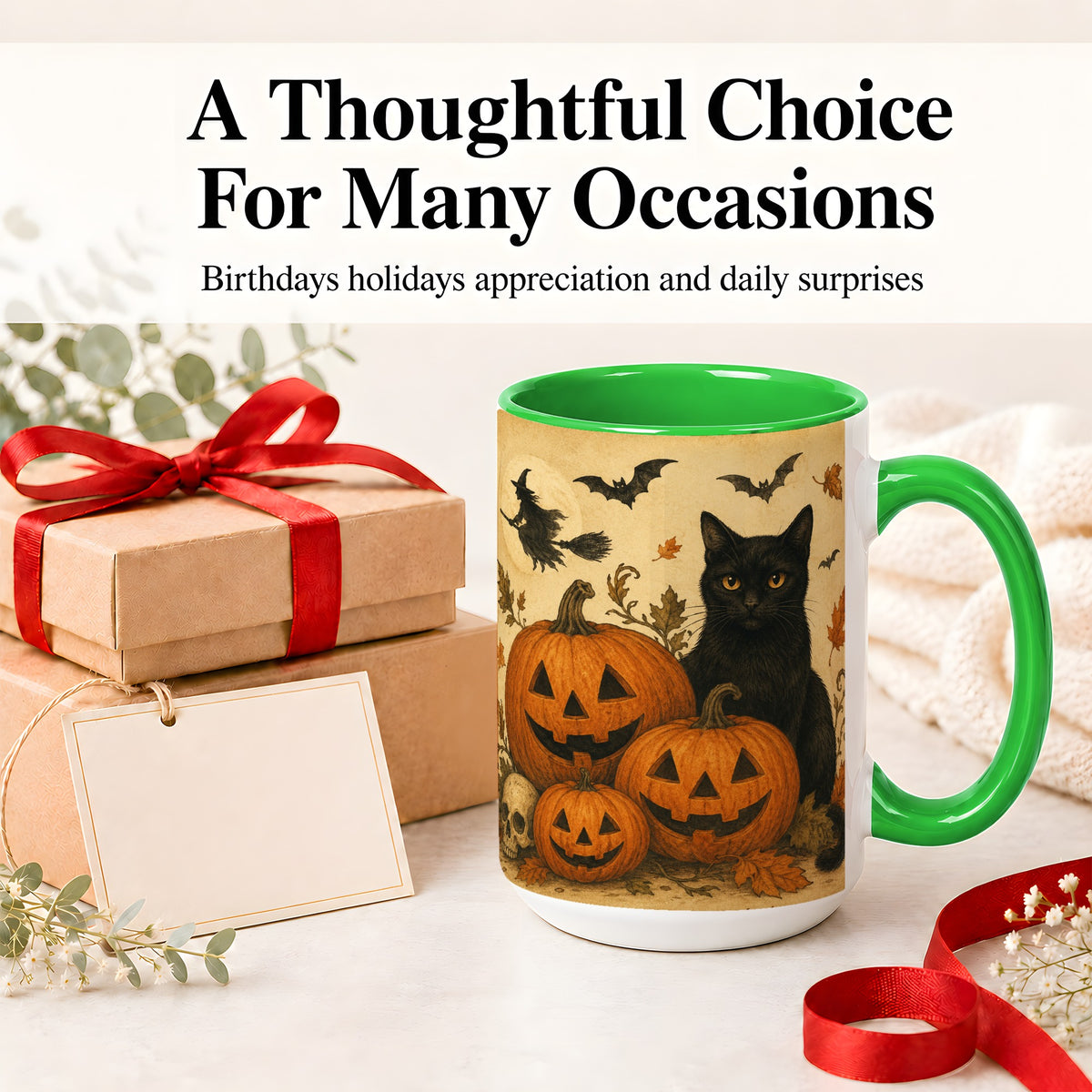 #pl[15oz|Green] Black Cat Pumpkin Ceramic Mug, Vintage Halloween Art for Cat Lovers