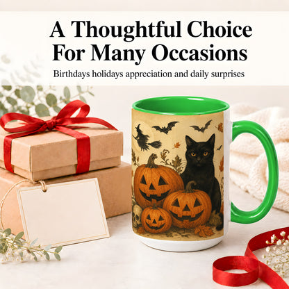 #pl[15oz|Green] Black Cat Pumpkin Ceramic Mug, Vintage Halloween Art for Cat Lovers