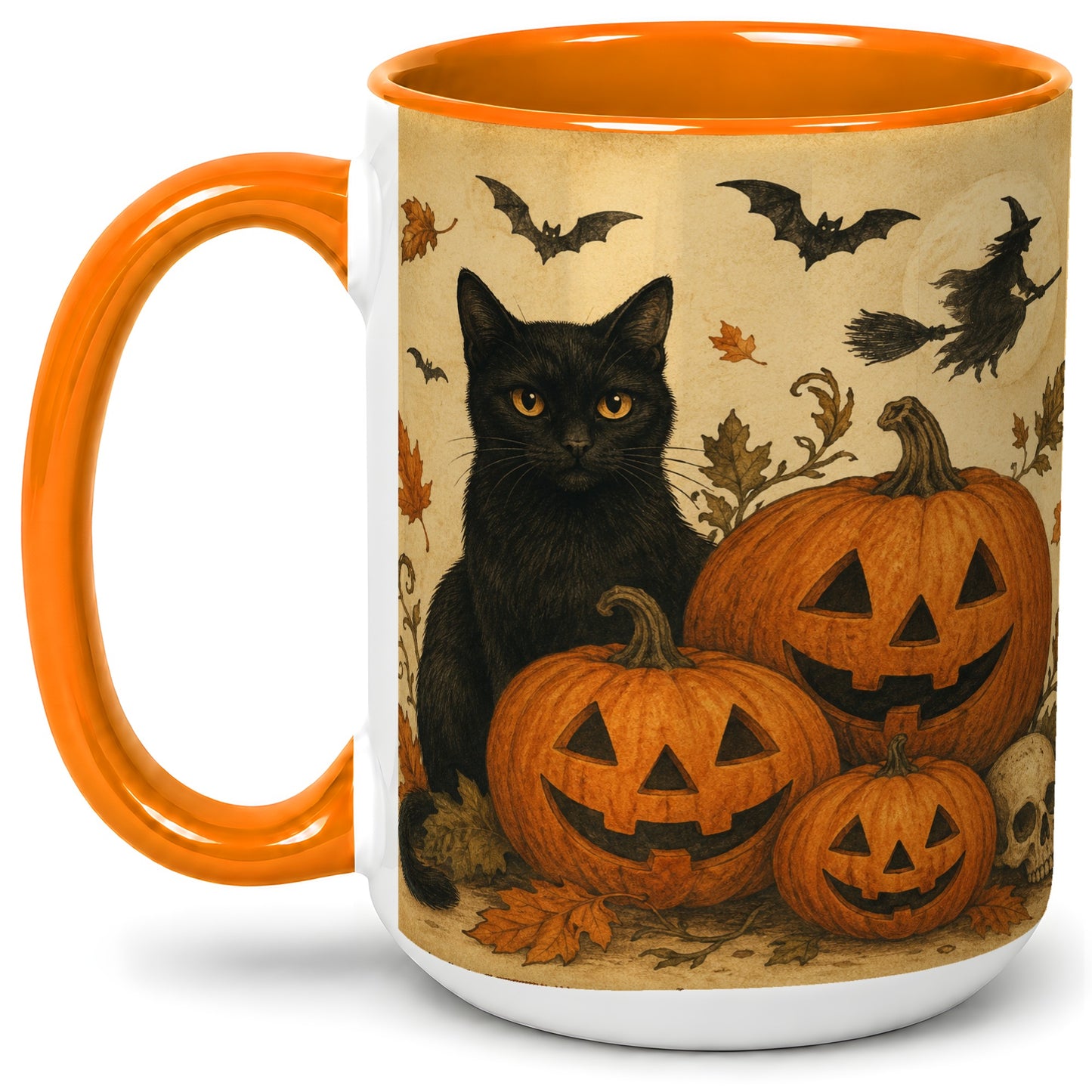 #pl[15oz|Orange] Black Cat Pumpkin Ceramic Mug, Vintage Halloween Art for Cat Lovers
