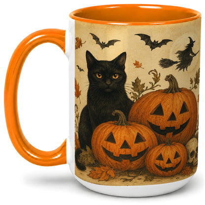#pl[15oz|Orange] Black Cat Pumpkin Ceramic Mug, Vintage Halloween Art for Cat Lovers