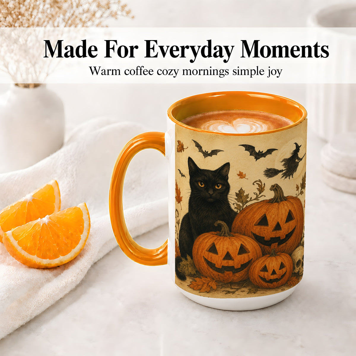 #pl[15oz|Orange] Black Cat Pumpkin Ceramic Mug, Vintage Halloween Art for Cat Lovers