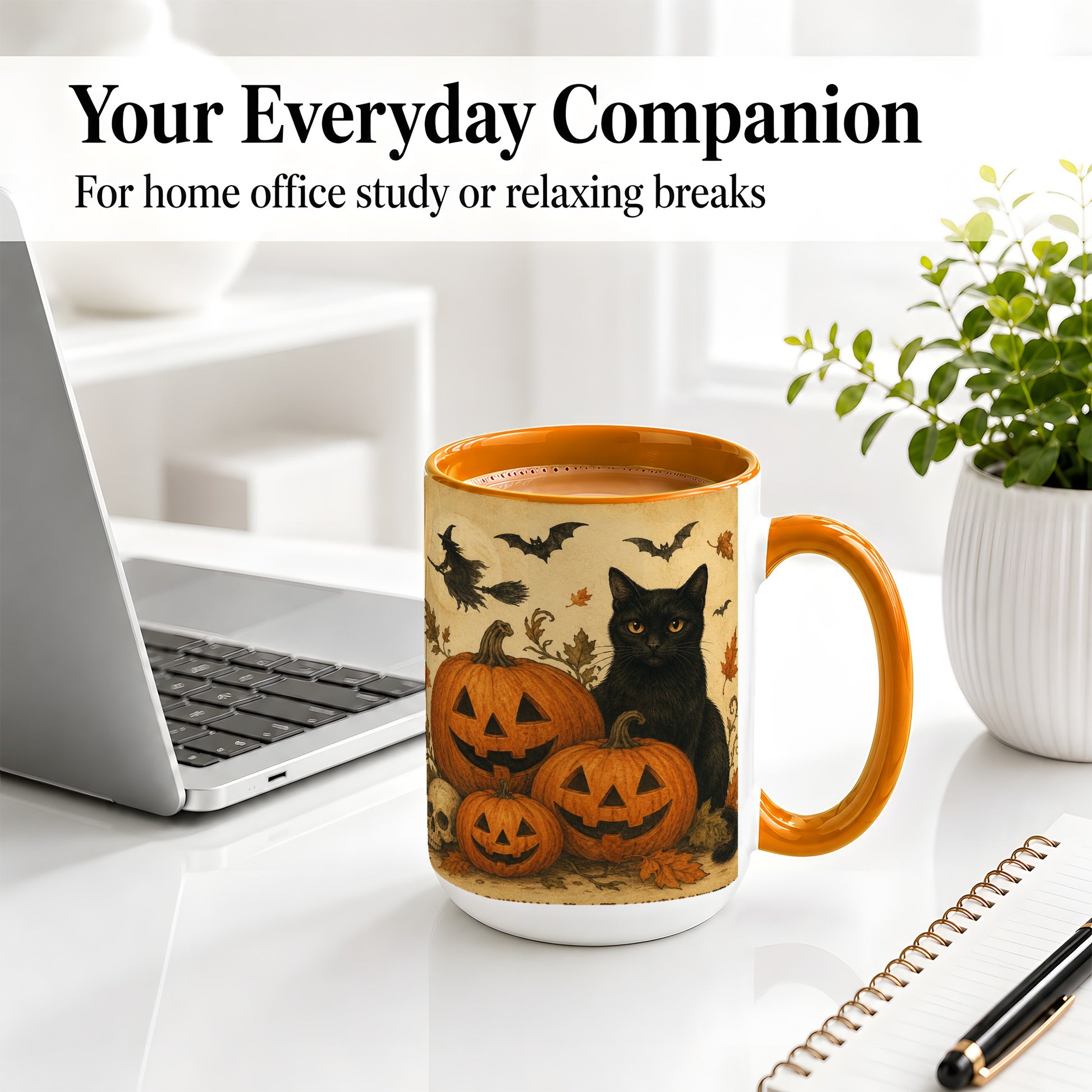 #pl[15oz|Orange] Black Cat Pumpkin Ceramic Mug, Vintage Halloween Art for Cat Lovers