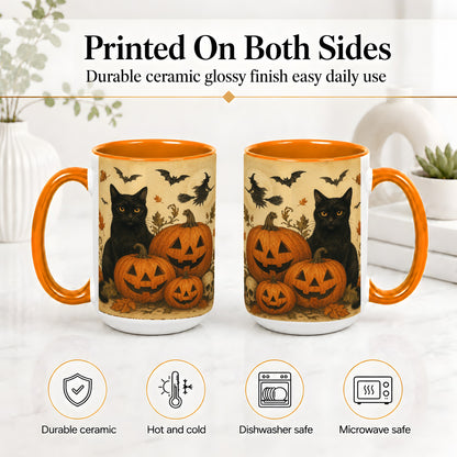 #pl[15oz|Orange] Black Cat Pumpkin Ceramic Mug, Vintage Halloween Art for Cat Lovers